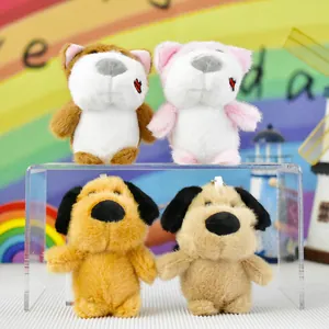 A detailed visual view showing four different colors of cute plush dog keychain toys