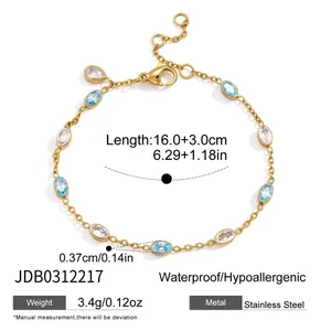 Detailed view of gold stainless steel bracelet with light blue and white zircons