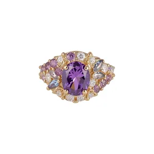 Exquisito anillo de circón púrpura ovalado chapado en oro 18k con diseño de lujo mujer
