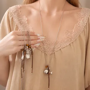 Vintage Boho Long Sweater Chain Necklace Alloy Resin Comb Spoon Fish Pendant Jewelry Leather Rope Adjustable Necklace Gift