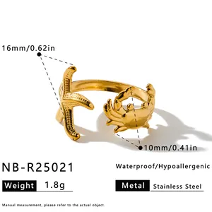 Detailansicht von Gold Seestern und Krabbe Edelstahlring mit Maßen und Spezifikationen
