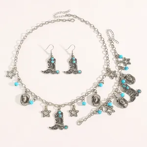 Detail view of a Western cowboy jewelry set with silver charms and turquoise beads.