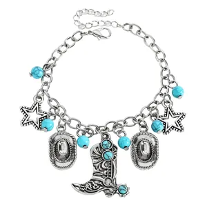 Detailed view of a western cowboy charm bracelet featuring turquoise beads and silver charms