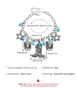 Western style alloy charm bracelet showing dimensions with cowboy boot and hat charms