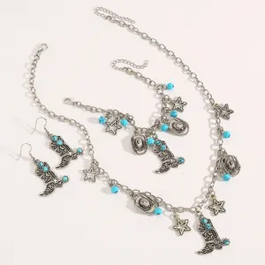 Detail view of Western cowboy jewelry set featuring turquoise beads and star charms