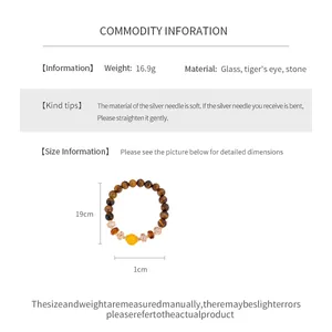 Parámetros detallados del producto para pulsera de cuentas de ojo de tigre y tabla de tallas.