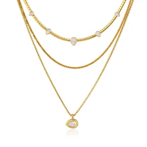 Elegant layered 18k gold plated stainless steel necklace with teardrop zircon pendants