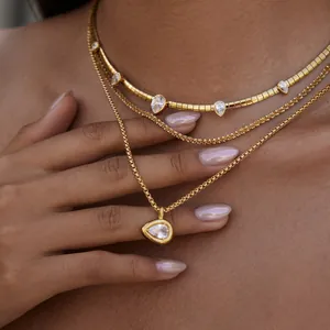 Detailed view of 18k gold plated titanium steel necklaces with teardrop zircon pendants