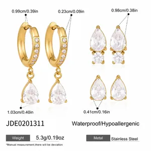 Ensemble de boucles d'oreilles en acier inoxydable doré avec zircons et pendentifs goutte
