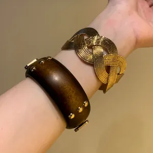 Vintage Rivet Carved Wooden Wide Bracelet Bohemian Style Distressed Metal Alloy Rhinestone Bangle Retro Jewelry Hand Cuff For Women