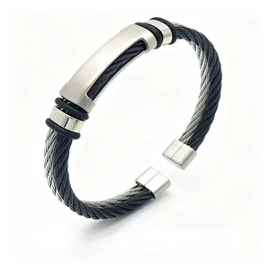 Bracciale rigido aperto a forma di C da uomo in cavo di acciaio inossidabile hip-hop