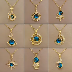 Luxury Titanium Steel Copper Rhinestone Galaxy Stone Pendant Necklace For Women Elegant Palace Style Star Moon Jewelry