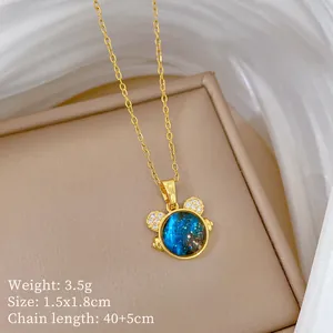 Detailed close-up of elegant titanium steel necklace with blue starry sky stone pendant