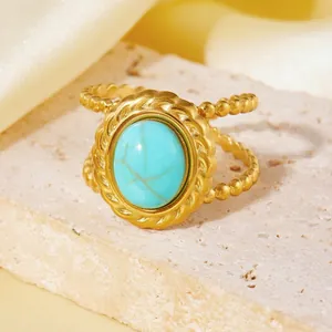 Close-up of boho 18K gold plated titanium steel ring with a large turquoise stone inlay.