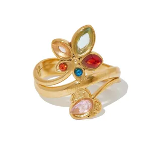 Close-up of a fashionable titanium steel flower ring with colorful marquise stones