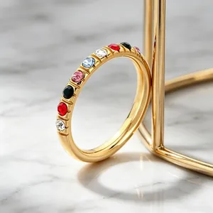 Gouden titanium stalen ring met gekleurde zirkonia, stapelbare 3mm dunne band voor dames