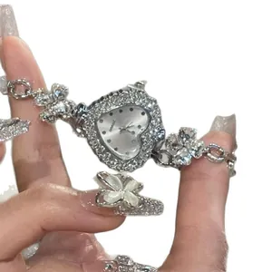 Elegant heart-shaped diamond encrusted watch with floral link bracelet for women jewelry