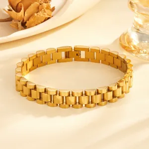 Detailed shot of gold-plated stainless steel President link bracelet with fold-over clasp