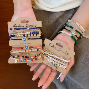 Bohemian evil eye and Hamsa hand beaded elastic bracelet sets for women vintage jewelry
