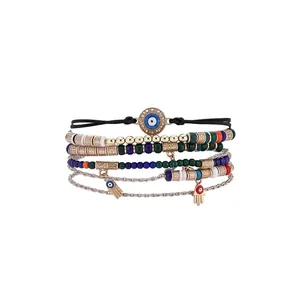 Retro Bohemian Evil Eye and Hamsa Hand beaded stretch charm bracelet set for women