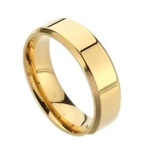 Minimalist polished gold stainless steel ring for couples featuring a sleek flat edge design
