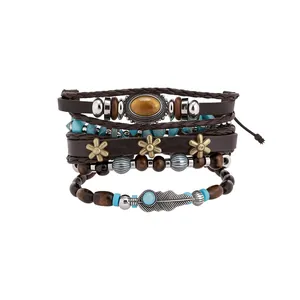 Bohemian multilayered leather bracelet set with turquoise beads and feather charm pendant