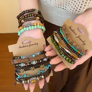 Detail view of Bohemian multi-layer beaded bracelet sets with turquoise and wood beads
