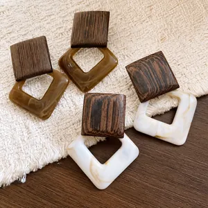 Vintage Maillard style wood and marble acrylic geometric square drop earrings for women