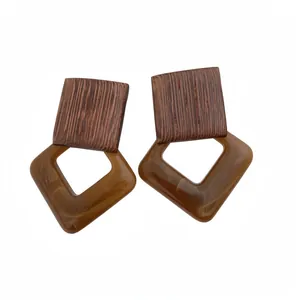 Vintage wooden and amber acrylic geometric square drop earrings for elegant women