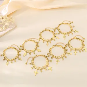 Eleganti bracciali a doppio strato in acciaio inossidabile dorato con ciondoli a croce e perline