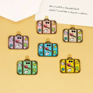 Zinc Alloy Enamel Suitcase Shape Pendant For DIY Jewelry Making Fresh Sweet Travel Bag Charms With Heart Letter Pattern Decorative Handbag Accessory