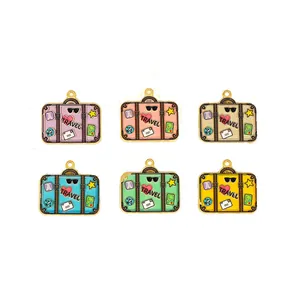 Set of six colorful enamel suitcase charms with Travel text for DIY jewelry making