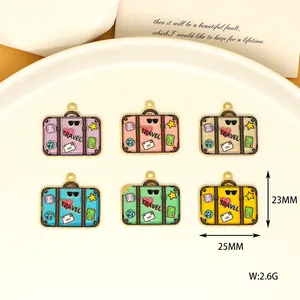 Set of six colorful enamel suitcase charms for DIY jewelry making, sized 23x25mm