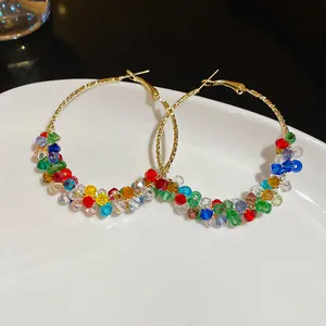 Elegant Korean style colorful beaded gold hoop earrings for women with faceted crystal details