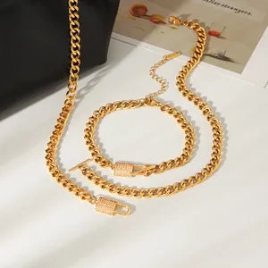 Französisches Retro Gold Vergoldet Edelstahl Panzerkette Halskette Armband Set Für Damen Mit Strass Besetztem Schloss Anhänger Luxus Modeschmuck