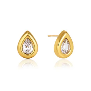 Elegante goldfarbene Tropfen-Ohrstecker mit funkelndem Zirkonia und Spiegelung.