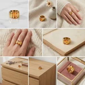 Detailed collage of a wide gold titanium steel ring featuring a square amber glass stone