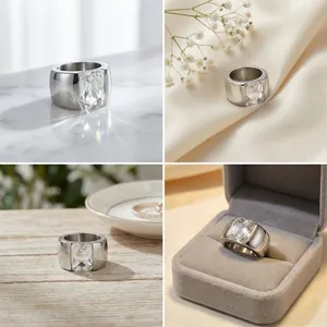 Detailed collage showing wide titanium steel rings with a large rectangular glass gemstone.