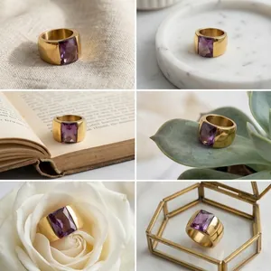 Detailed view of bold gold stainless steel ring featuring a radiant purple rectangular gem.