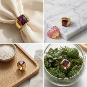 Detailed view of titanium steel ring featuring faceted purple gemstone in lifestyle settings