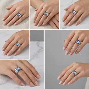 Multiple views of a minimalist titanium steel ring with a large blue square stone.