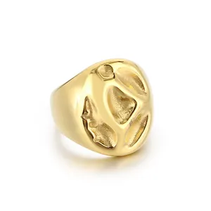Wide chunky 18K gold plated stainless steel ring with irregular texture and high polish
