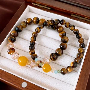 Vintage Tiger Eye Stone Beaded Bracelet For Women Luxury Natural Stone Yellow Glass Bead Alloy Spacer Fashion Hand Chain