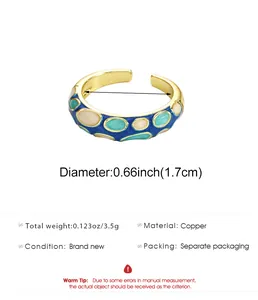 Detailed product specifications for a colorful enamel open ring made of copper material.