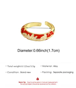 Technical specifications of the gold cloisonne enamel floral ring with sizing info