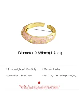 Detailed macro view of pink enamel cloisonne flower ring with size and weight specifications.