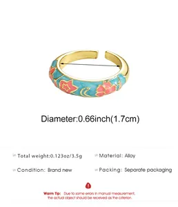 Detailed specifications for enamel floral ring showing size, weight, and material.