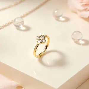 Detailed shot of a gold-plated titanium steel four-leaf clover ring with diamonds