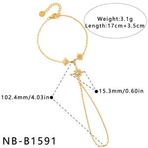 Goldenes Fingerarmband mit Sternen, Zirkon-Details und präzisen Produktmaßen