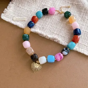 Vintage colorful resin beaded necklace with golden heart pendant and marbled square beads